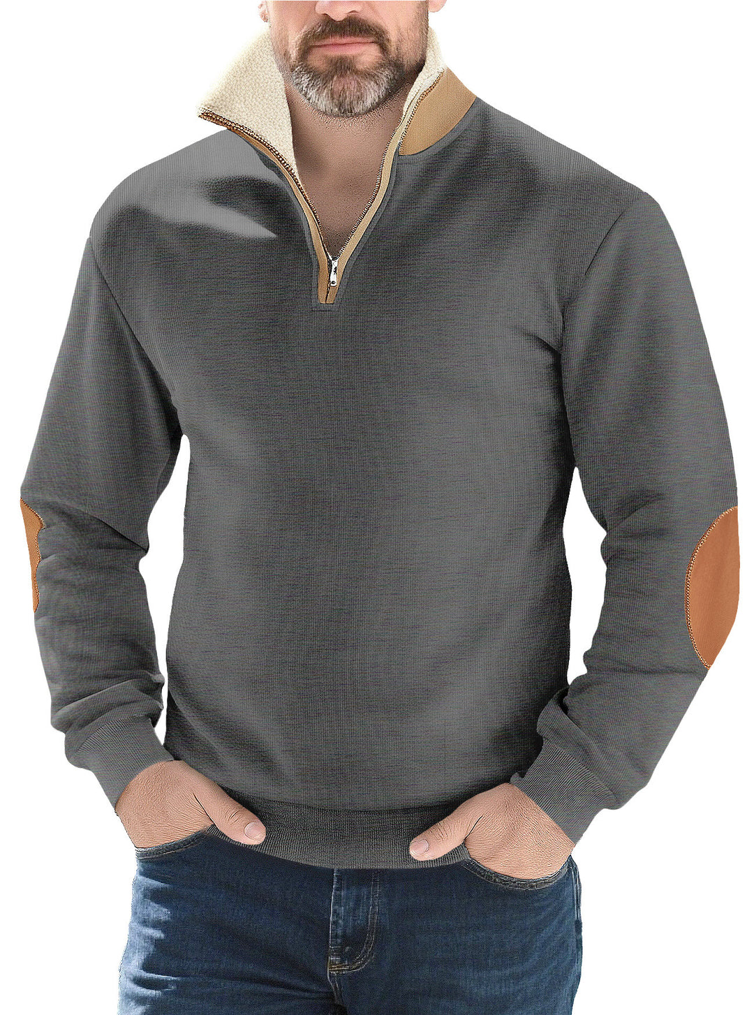 Men's structured knit half-zip pullover with warming sherpa collar and velour elbow patches Mune Fashion