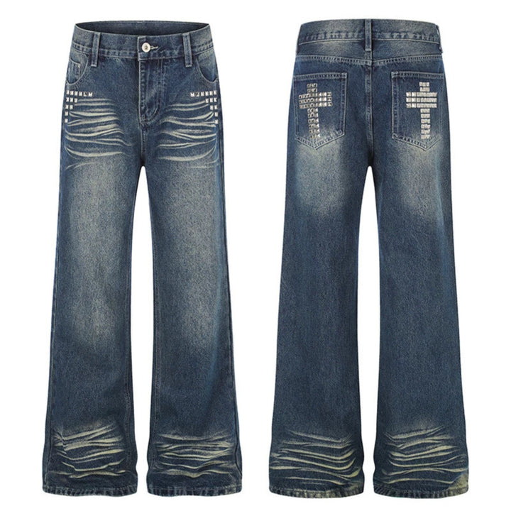 Women Wide High-Waist Distressed Jeans in Palazzo Style with Studded Detailing Mune Fashion