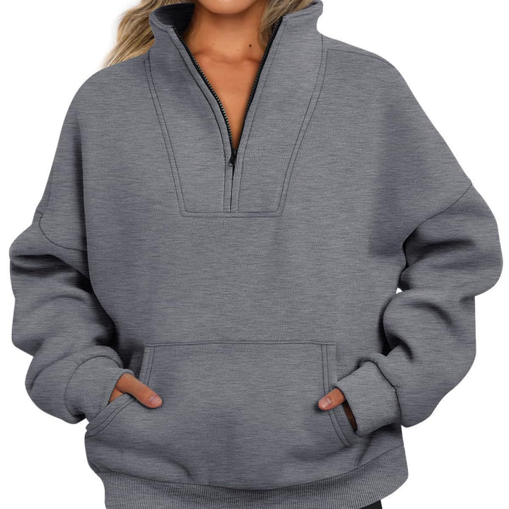 Women's oversized half-zip hoodie with high stand collar, kangaroo pocket, and ribbed cuffs Mune Fashion