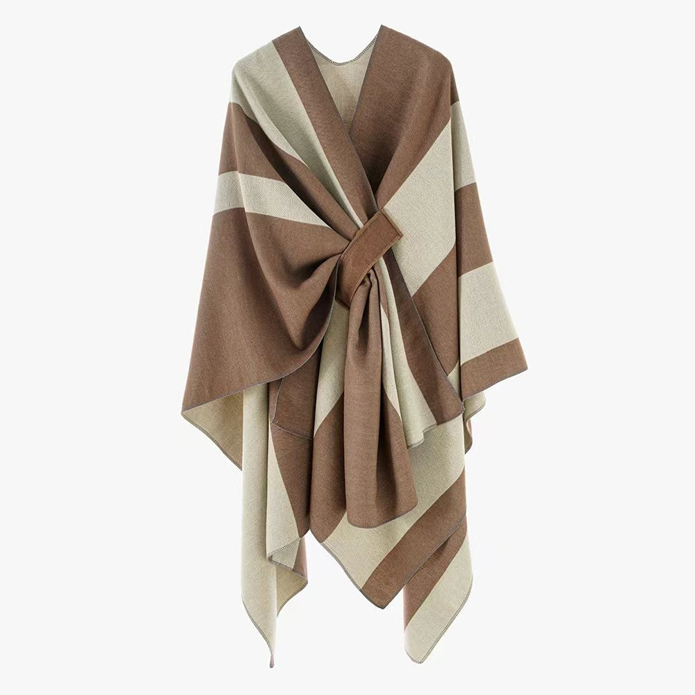 Women's loosely cut cape made of wool blend with tie belt and contrasting edges Mune Fashion