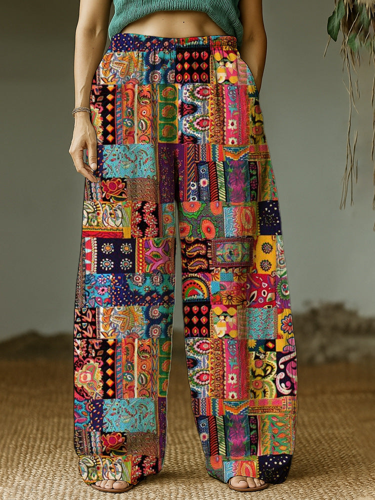 Women's Wide Leisure Pants with Ethnic Patchwork Pattern Mune Fashion