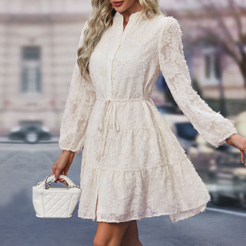 Ladies Elegant Long Sleeve Dress with Ruffles Mune Fashion