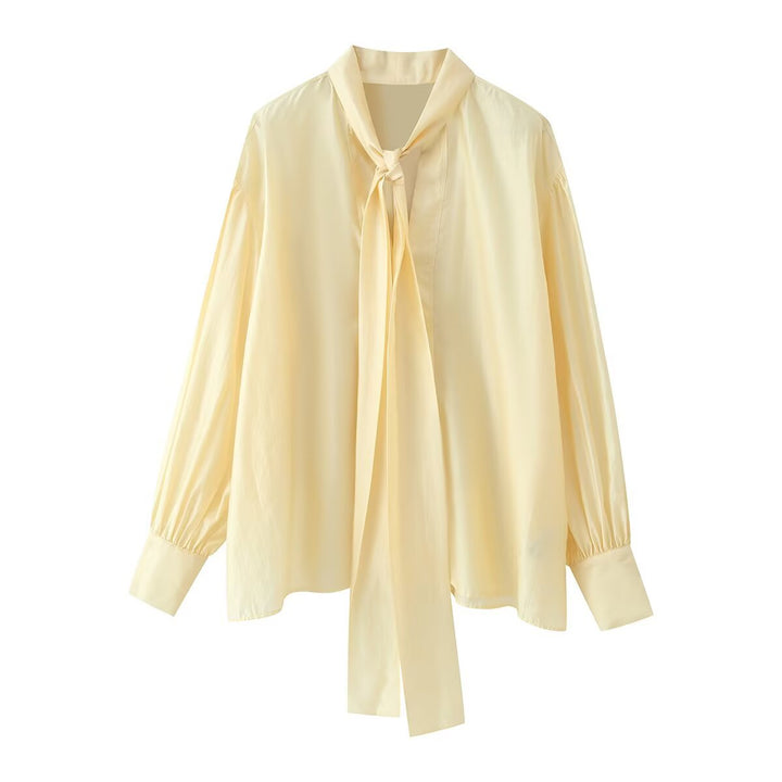 Women's silk-like blouse with loose fit, long ribbon ties and balloon sleeves Mune Fashion