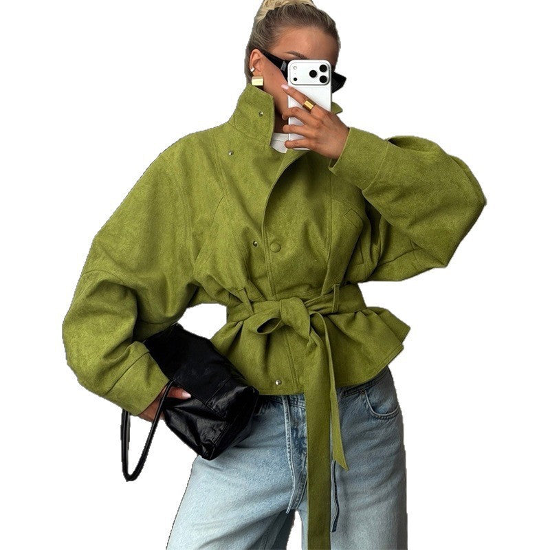 Women's Tailored Short Jacket in Suede Look with Wide Sleeve and Tie Belt Mune Fashion