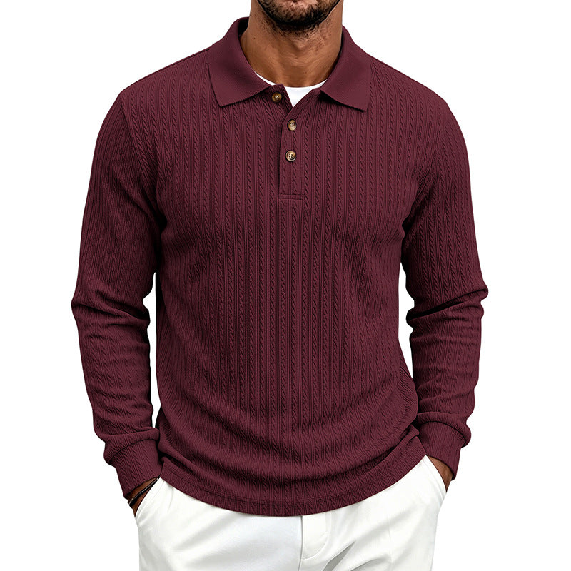 Men's Structured Long Sleeve Polo in Fine Knit with Cable Pattern and Button Placket Mune Fashion