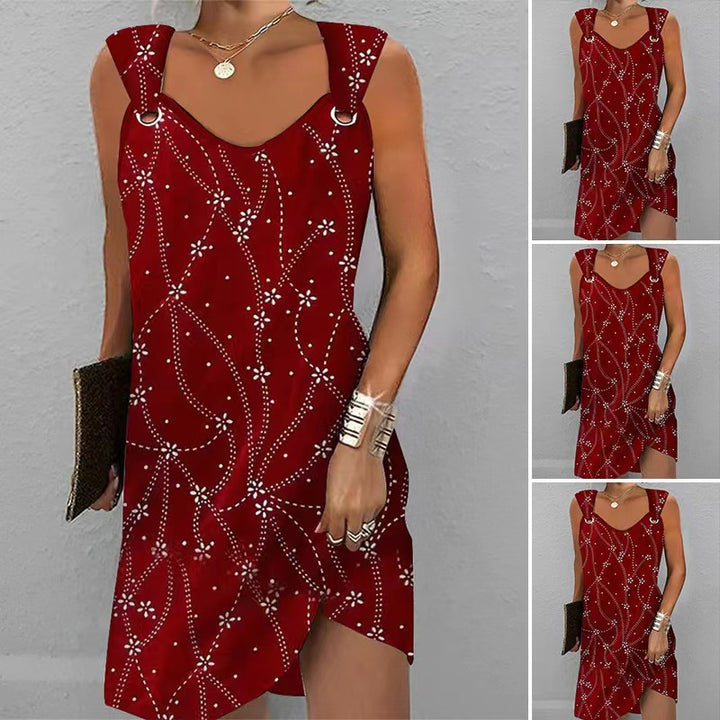 Women's sleeveless strap mini dress with decorative eyelets, floral dot pattern, and asymmetric hem Mune Fashion
