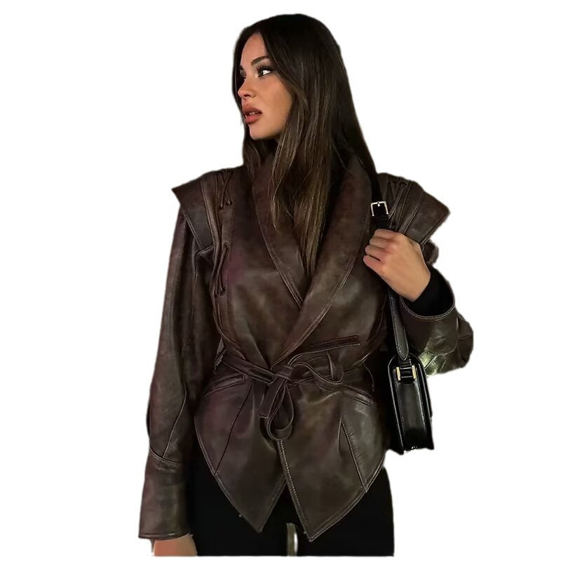 Women's tailored faux leather blazer with shawl collar, lacing details on the shoulder, and tie belt Mune Fashion