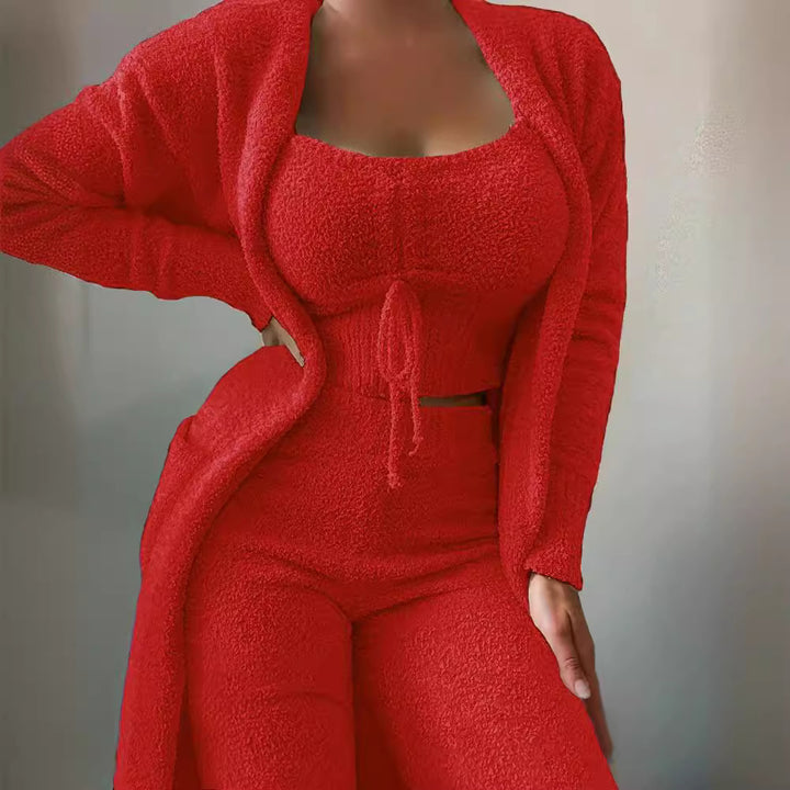 Women's luxurious teddy fleece lounge set with long cardigan, gathered cropped bustier and high waist pants Mune Fashion