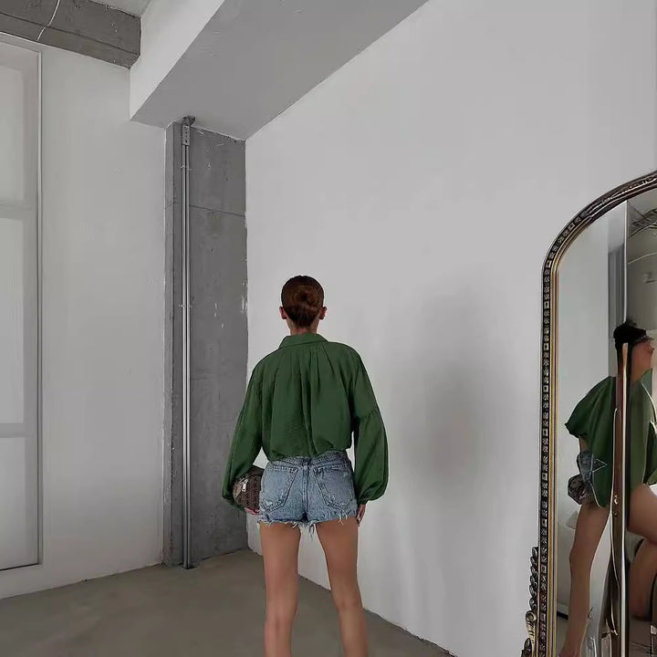 Women's Short Blouse with Balloon Sleeves, Decorative Button Placket and Light Texture Mune Fashion