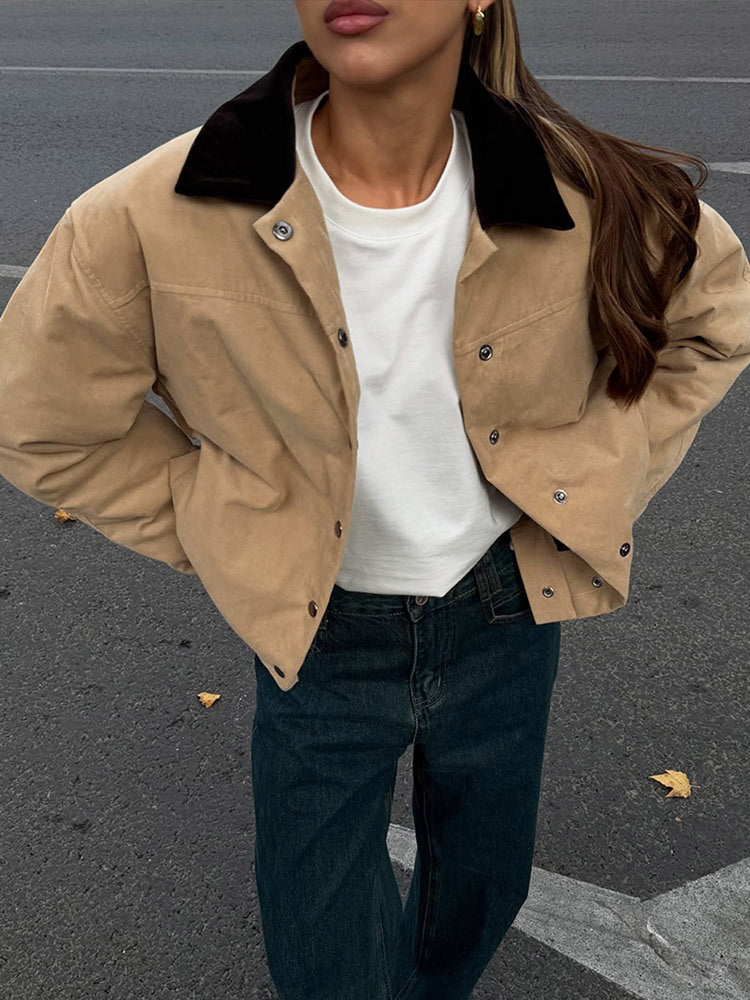 Women's Short Cord Workwear Blouson with Contrast Collar Mune Fashion