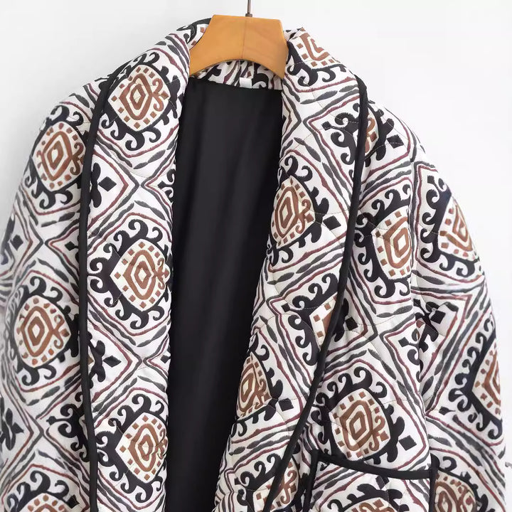 Women's Quilted Kimono Jacket with Ethno Print, Contrast Piping and Patch Pockets Mune Fashion