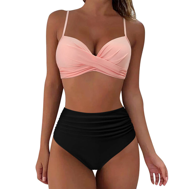 Women's High-Waisted Bikini Set with Floral Top and Gathered Bottom Mune Fashion