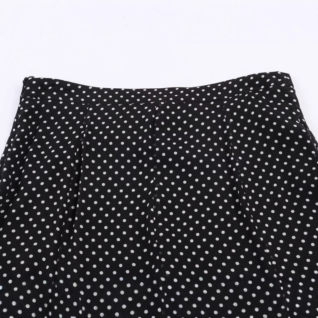 Women's A-line midi skirt with high waist, flounce fall and fine polka dot pattern made of chiffon Mune Fashion