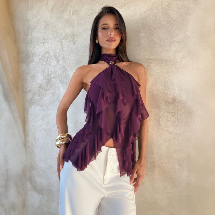 Women's Chiffon Halter Top with Decorative Metal Ring and Layered Ruffles Mune Fashion