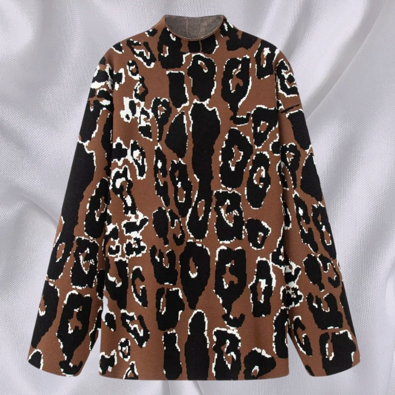 Ladies Oversized Knit Sweater with Stand-Up Collar and Jacquard Leopard Pattern Mune Fashion