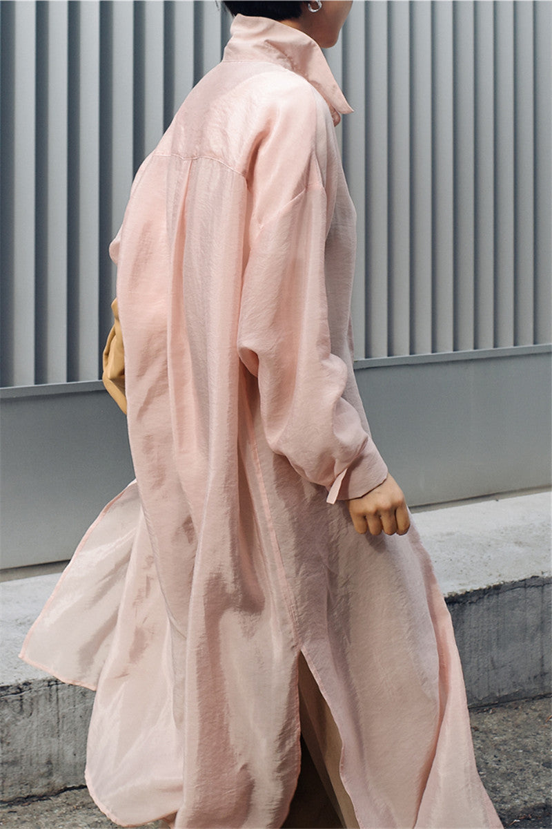 Ladies Long Satin Effect Duster with Stand Collar, Oversized Cut and Deep Side Slits Mune Fashion