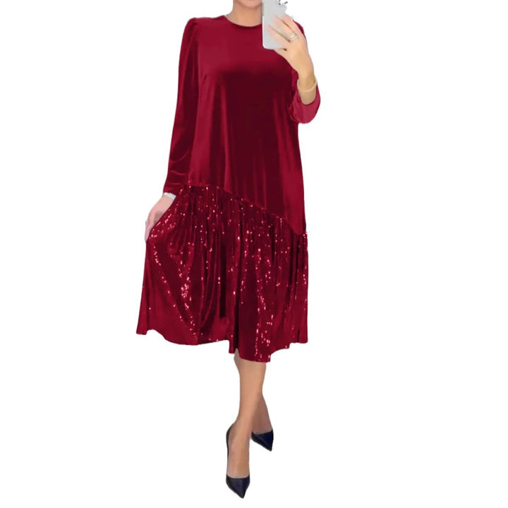 Women's Velvet Midi Dress with Pleated Sequin Skirt, Loose A-Line Cut and Round Neckline Mune Fashion