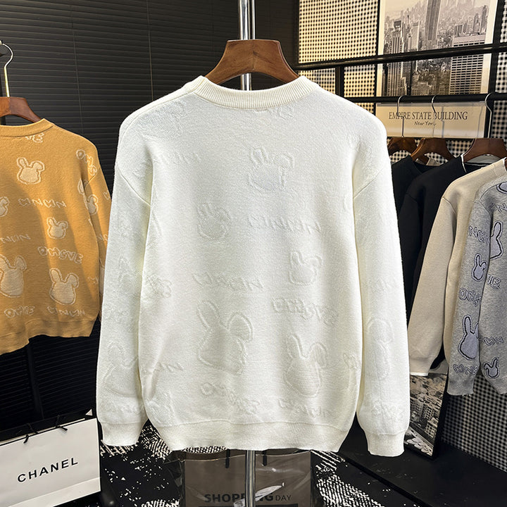 Unisex fine knit pullover with discreet jacquard rabbit relief and round neck Mune Fashion