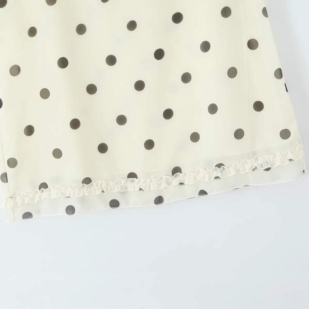 Women's midi skirt made of flowing chiffon with polka dots and ruffle trim Mune Fashion