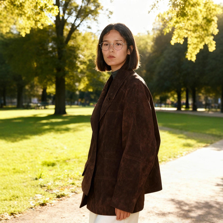Women's Oversized Suede Look Blazer Jacket with Lapel Collar and Flap Pockets Mune Fashion