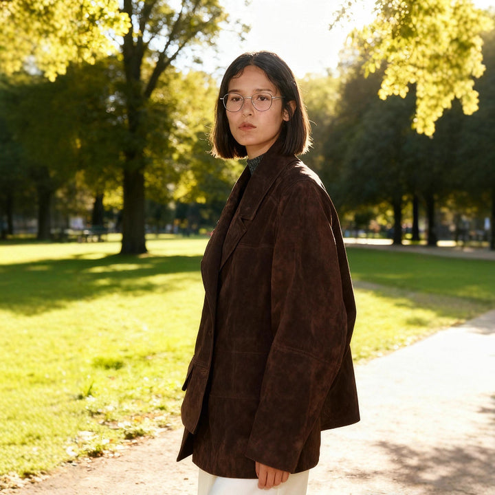 Women's Oversized Suede Look Blazer Jacket with Lapel Collar and Flap Pockets Mune Fashion