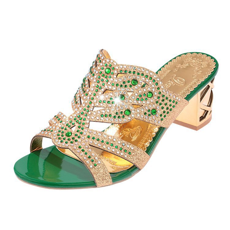 Women's embellished sandal with mid-height block heel and sparkling rhinestone trim Mune Fashion