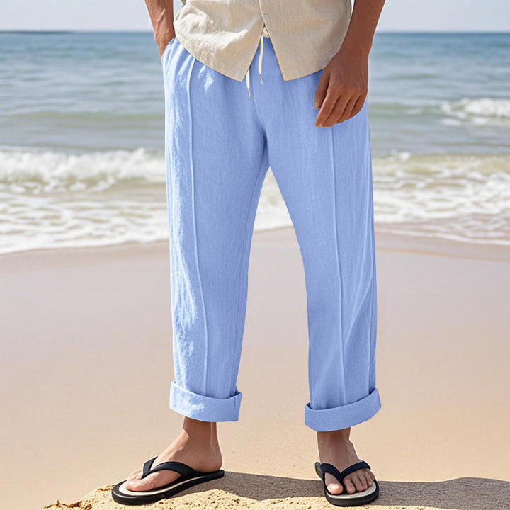 Men's Lightweight Pleated Casual Pants made of Linen Blend with Elastic Drawstring Waistband and Rolled Hem Mune Fashion