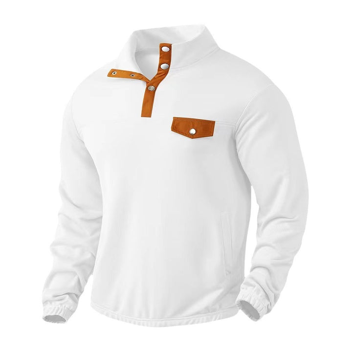 Men's Stand Collar Henley Sweatshirt with Snap Placket and Patch Chest Pocket Mune Fashion