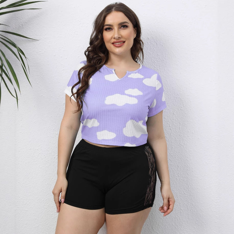 Women's cropped T-shirt with cloud pattern and elastic waistband Mune Fashion