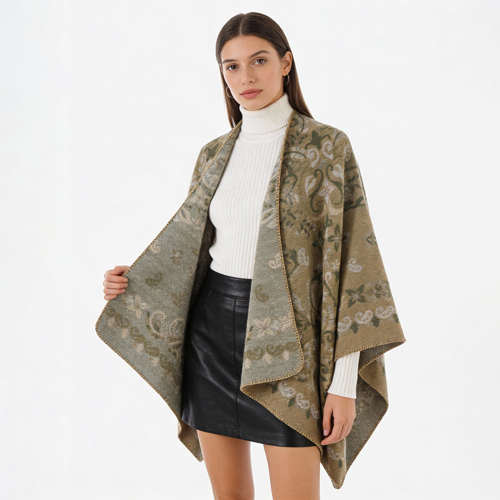 Women's Reversible Jacquard Cape Wrap with Ornamental Structure Mune Fashion