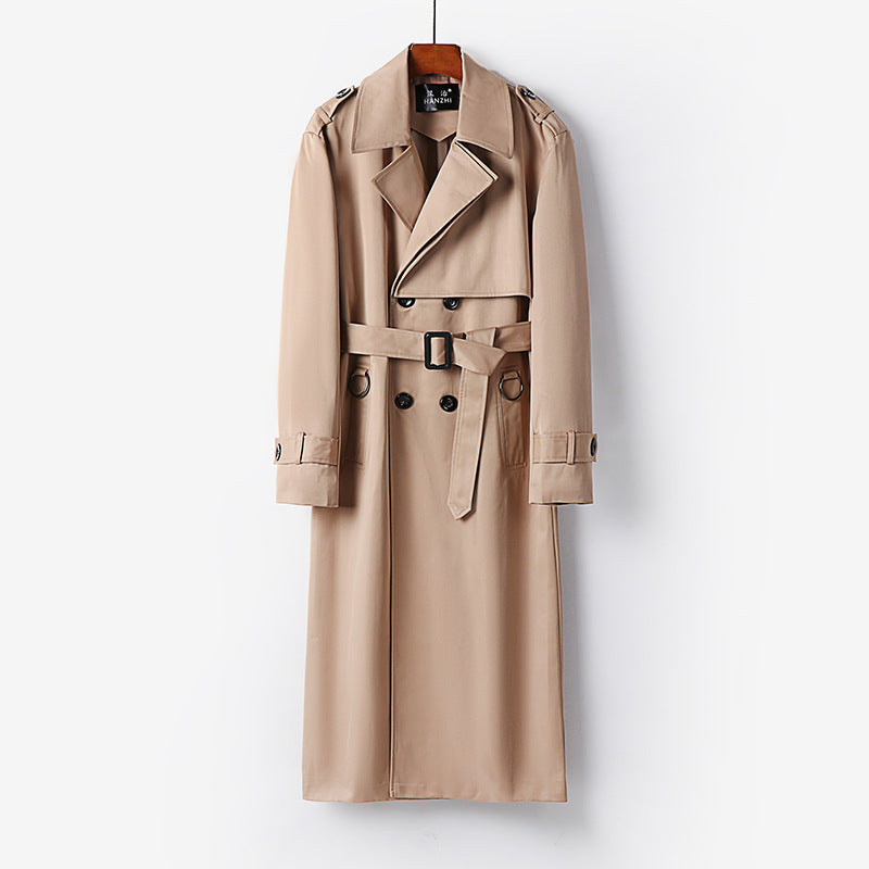 Men's Elegant Ankle-Length Trench Coat with Concealed Button Placket and Waist Belt Mune Fashion
