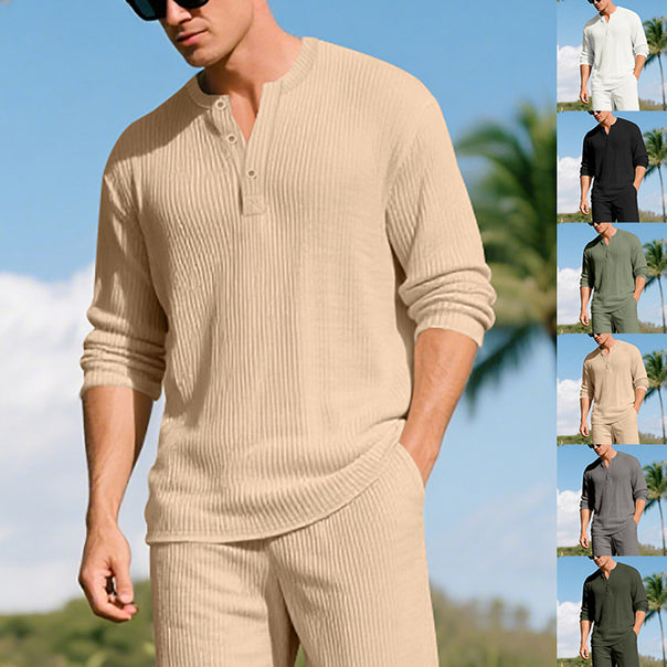 Men's ribbed leisure set with henley top and elastic waistband trousers Mune Fashion