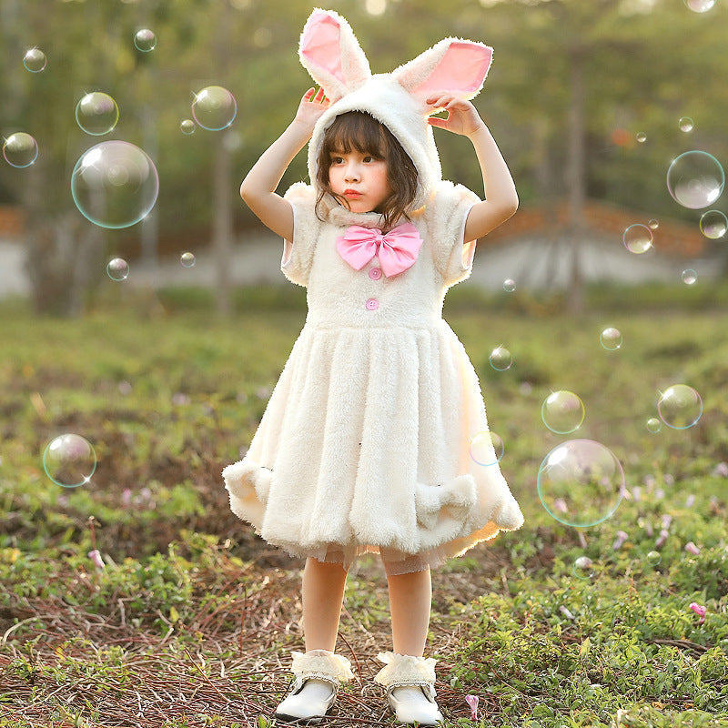 Girl plush bunny costume with hood and large ears detail Mune Fashion