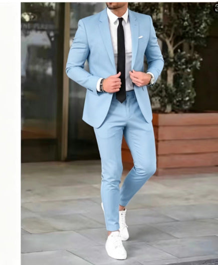 Men's fitted suit set made of lightweight stretch twill with single-button blazer and flat-front trousers Mune Fashion