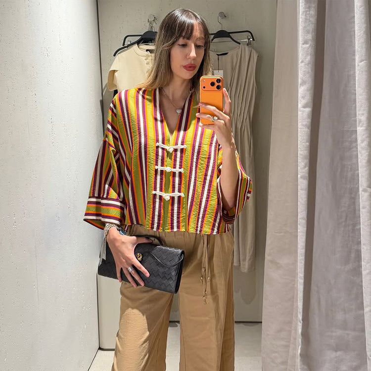 Women's Striped Lightweight Short Blouse with V-Neck, Three-Quarter Sleeves & Decorative Knot Closures Mune Fashion