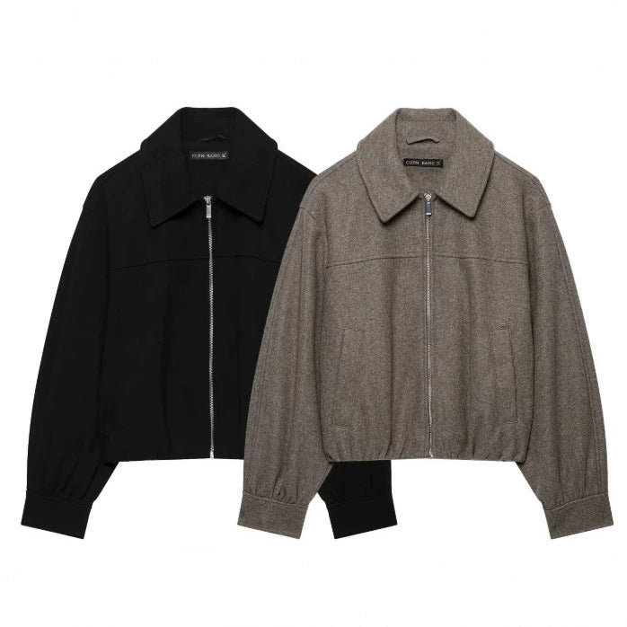 Women’s Short Cut Wool Bomber Jacket with Zipper and Elastic Hem Mune Fashion