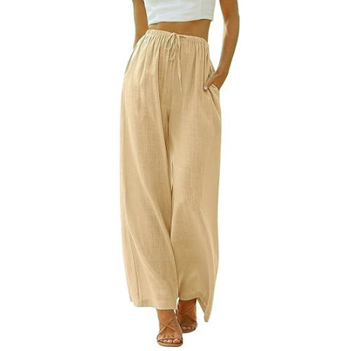 Women's wide linen pants with elastic waistband, drawstring, and side pockets Mune Fashion