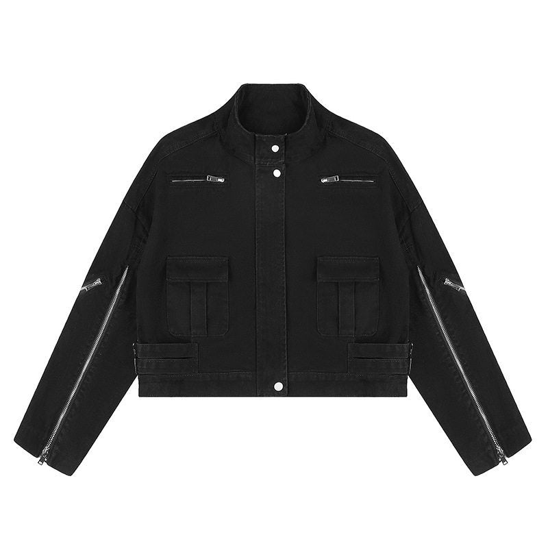 Women's Cropped Utility Jacket with Stand Collar, Multiple Pockets and Zip Sleeves Mune Fashion