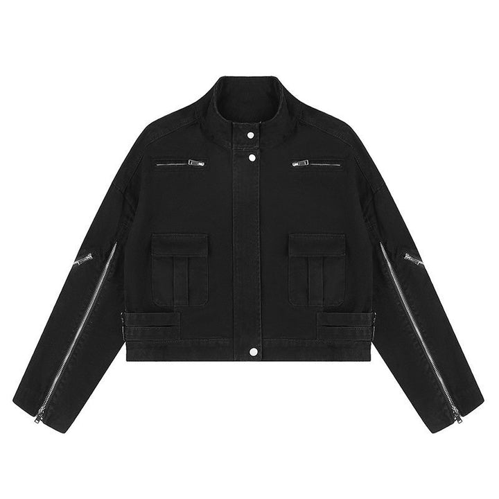 Women's Cropped Utility Jacket with Stand Collar, Multiple Pockets and Zip Sleeves Mune Fashion
