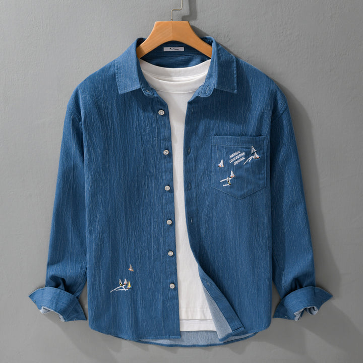 Men's Textured Chambray Overshirt with Maritime Embroidery and Chest Pocket Mune Fashion
