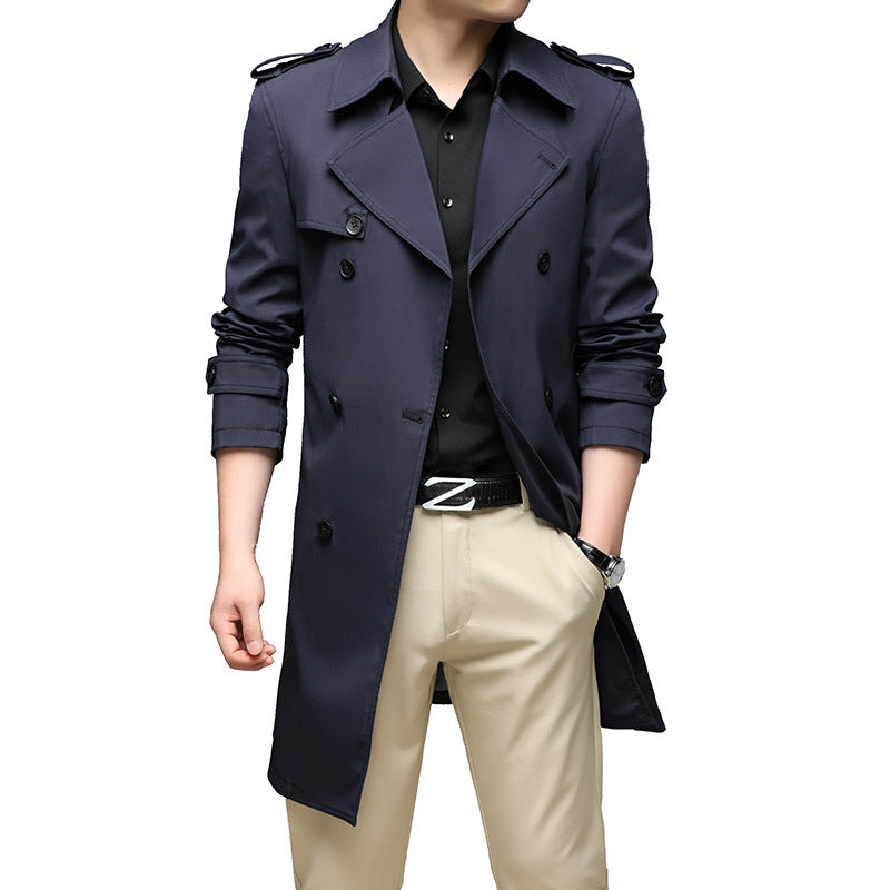 Men's Long Slim-Fit Double-Breasted Trench Coat with Epaulettes and Waist Belt Mune Fashion