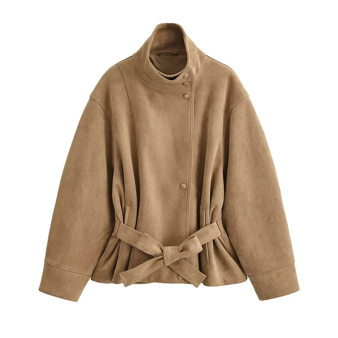 Women’s short jacket in suede look with stand-up collar and tie belt Drune