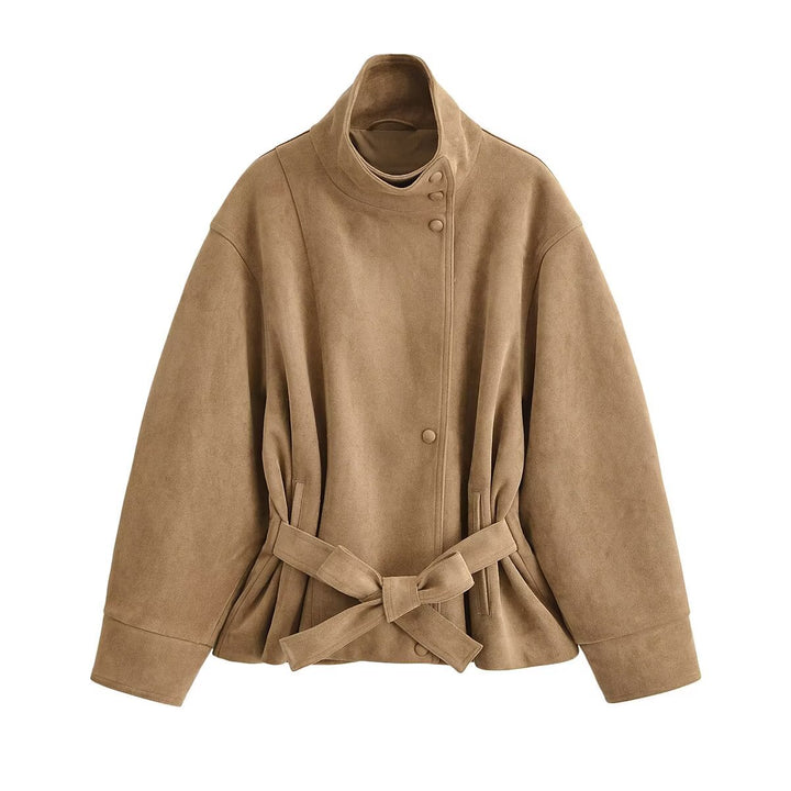 Women’s short jacket in suede look with stand-up collar and tie belt Drune