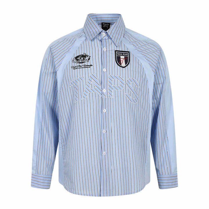 Men's Striped Cotton Shirt with Embroidered Logos and Contrasting Piping Mune Fashion