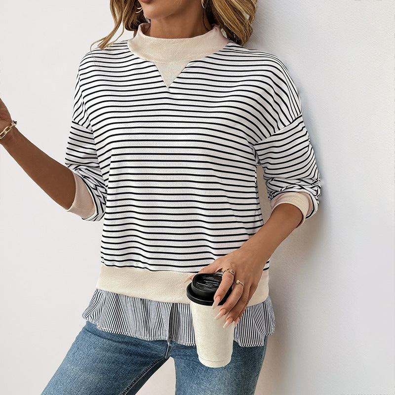 Women's Striped Layering Sweatshirt with Chiffon Insert and Contrasting Stand Collar Mune Fashion