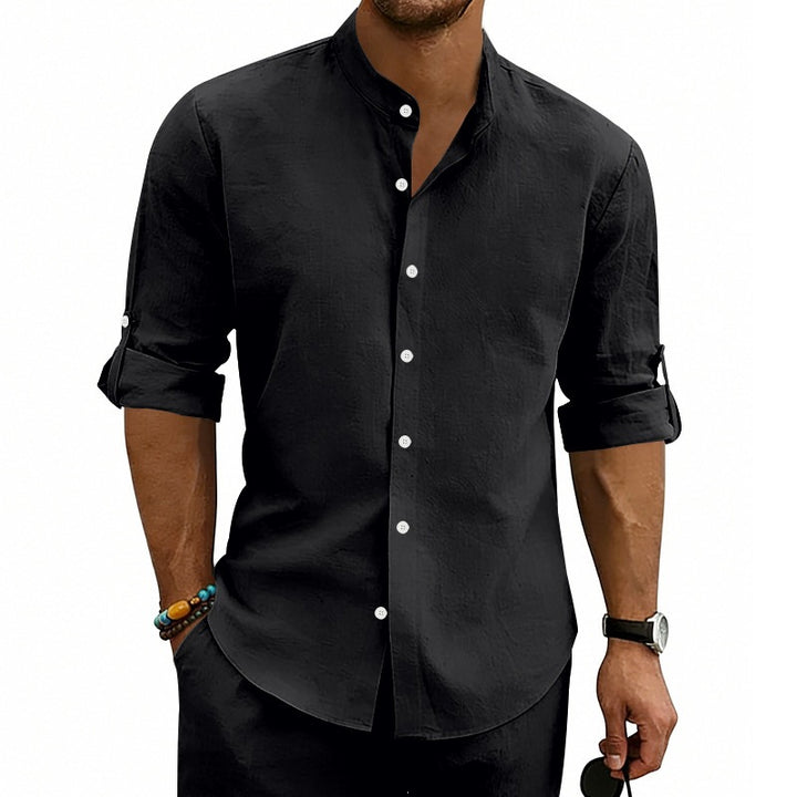 Men's Modern Linen Blend Shirt with Stand Collar, Roll-up Sleeves and Narrow Placket Mune Fashion