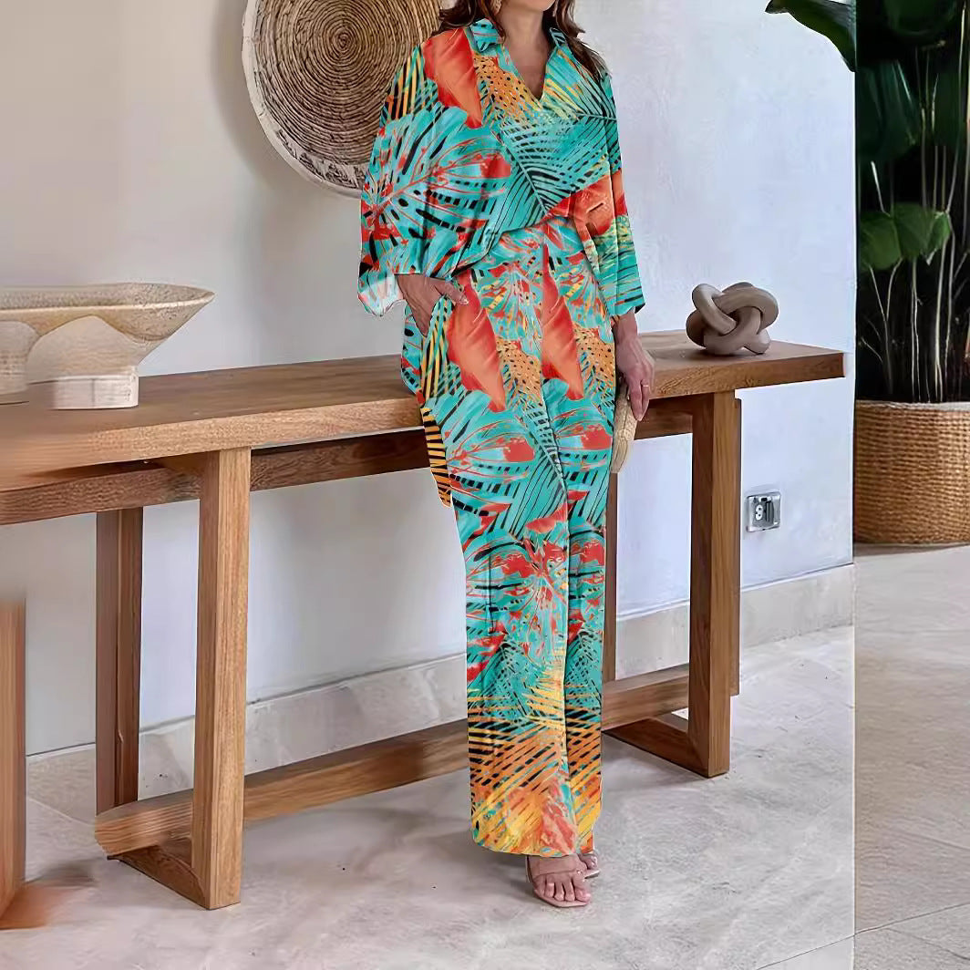 Women's Patterned Kimono Lounge Set with Wide Palazzo Pants made of Lightweight Viscose Mix Mune Fashion