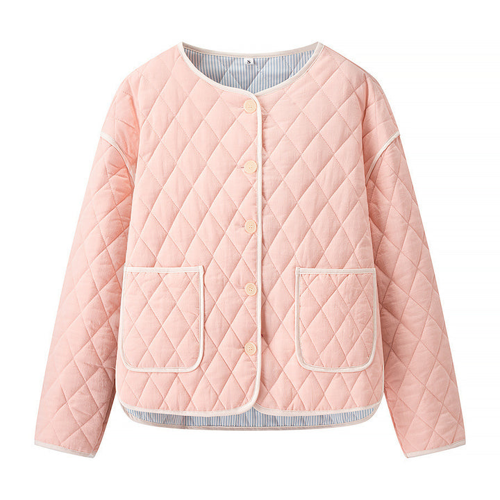 Women's quilted short jacket with diamond quilting, contrasting piping, and rounded hem Mune Fashion