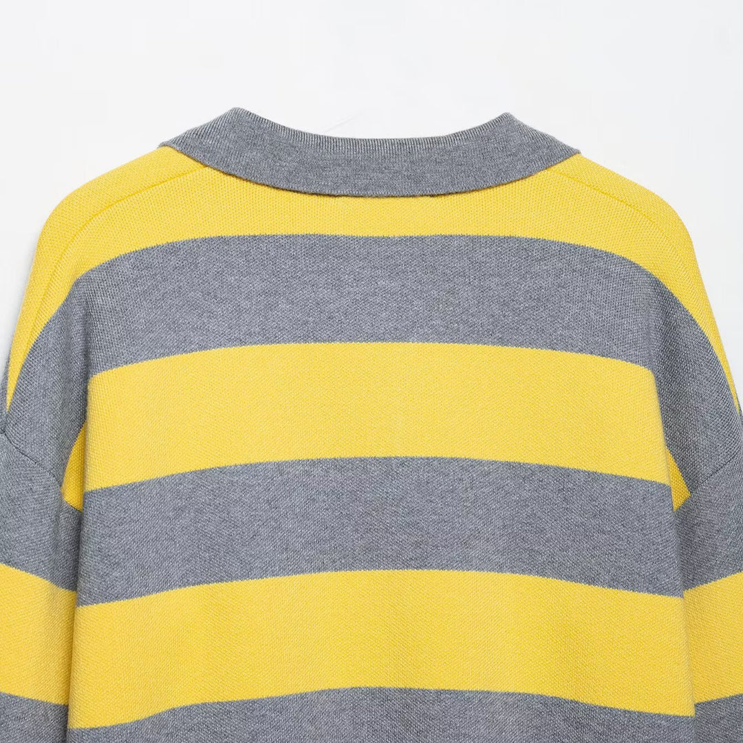 Women's Oversize Striped Rugby Sweater with Open Polo Collar and V-Neck Mune Fashion