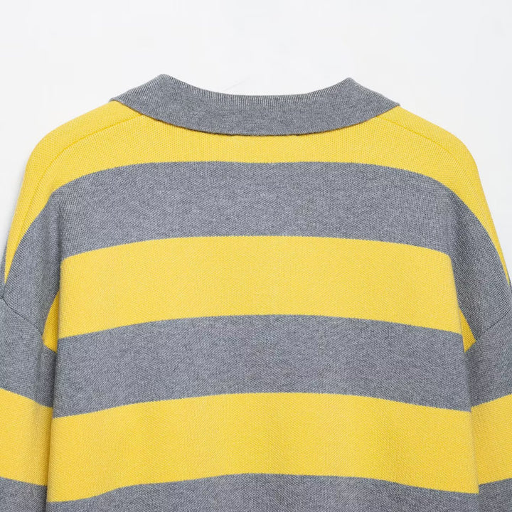 Women's Oversize Striped Rugby Sweater with Open Polo Collar and V-Neck Mune Fashion
